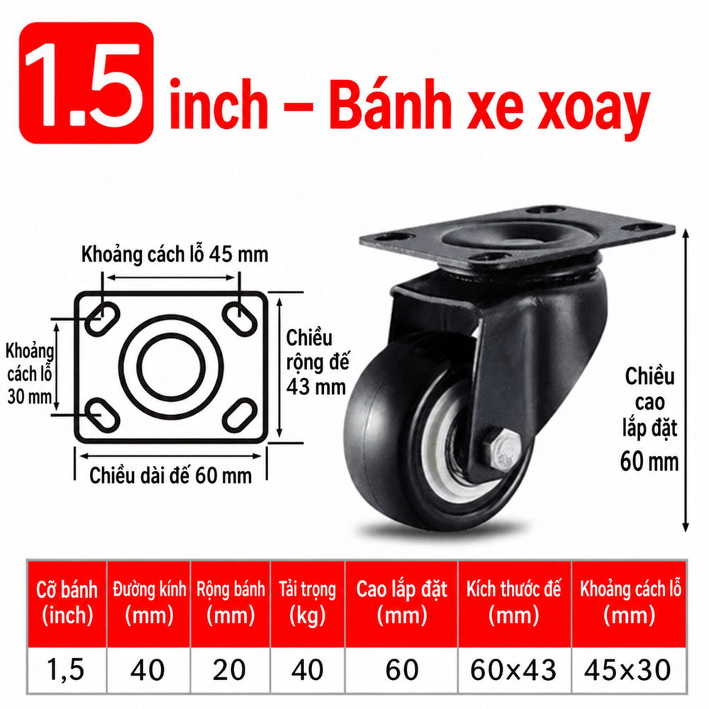 BÁNH XE CỔ XOAY - 40KG 2 BÁNH XE CỔ XOAY - 40KG - Ảnh 2