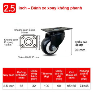 BÁNH XE CỔ XOAY - 100KG 3 Banh xe xoay khong phanh 2.5 inch